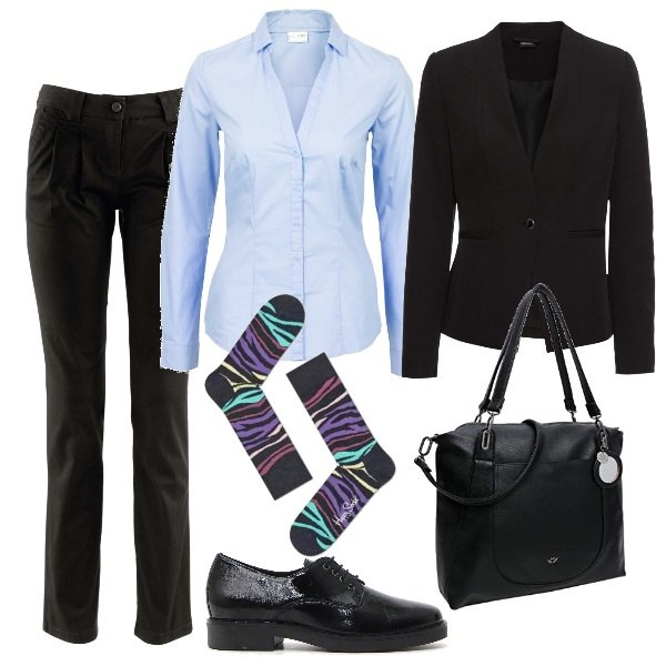Outfit donna - Come un ragazzo. Stile Chic per Ufficio. Abbinamento con camicie, pantaloni chino, blazer, calzini, scarpe stringate, shopping bag.