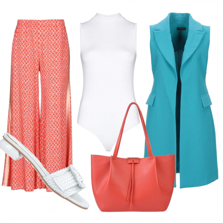 Outfit mujer - Ligero. Estilo Chic para Todos los días. Combinación con pantalones, trench, top, sandalias de tacón, bolsos de mano.