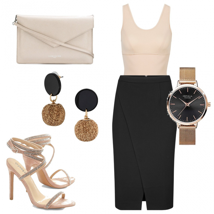 Outfit donna - Bon Ton #26561. Stile Bon Ton per Serata fuori. Abbinamento con top, orecchini, gonne longuette, sandali col tacco, clutch, orologi analogici.