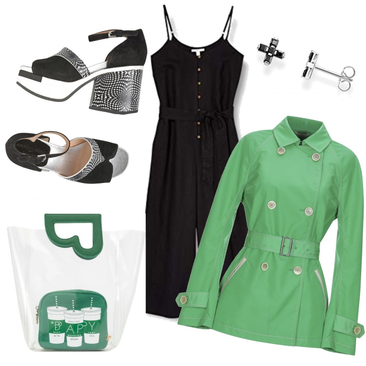 Outfit mujer - Trench ligero + bolso!!. Estilo Chic para Todos los días. Combinación con chándal corto, pendientes, salones, trench, bolso shopper.
