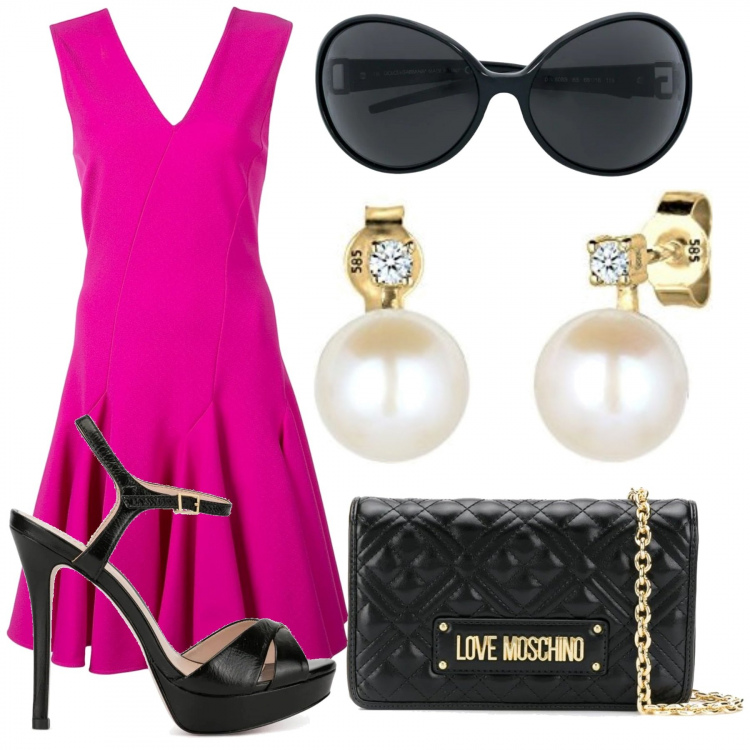 Outfit mujer - Perlas. Estilo Chic para Todos los días. Combinación con pendientes, vestidos sin mangas, gafas de sol, bolsos de mano, sandalias de tacón.