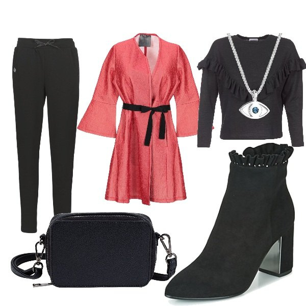 Outfit donna - Cinema e pizza. Stile Urban per Serata fuori. Abbinamento con borse a tracolla, cappotti, stivaletti, maglioni, pantaloni, collane.