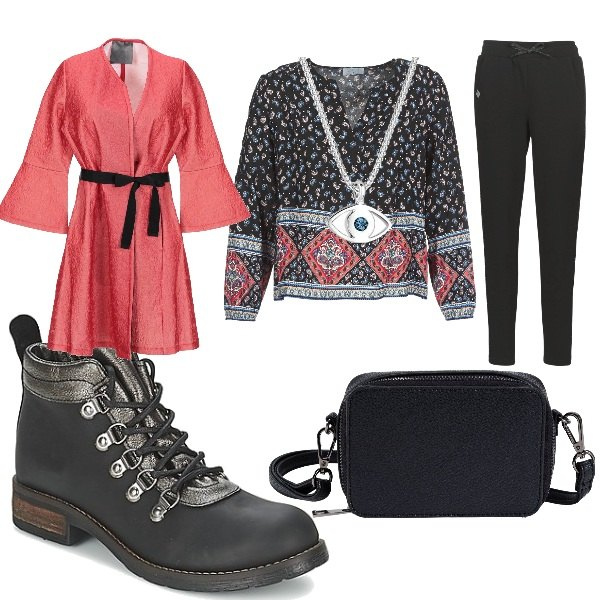 Outfit donna - Casual chic. Stile Trendy per Tutti i giorni. Abbinamento con borse a tracolla, cappotti, camicie, stivaletti, pantaloni, collane.