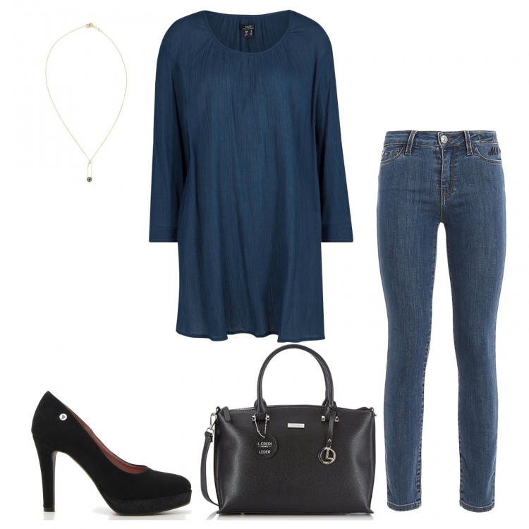 Outfit donna - Curve generose. Stile Chic per Tutti i giorni. Abbinamento con tuniche, collane, jeans skinny, décolleté, borse a mano.