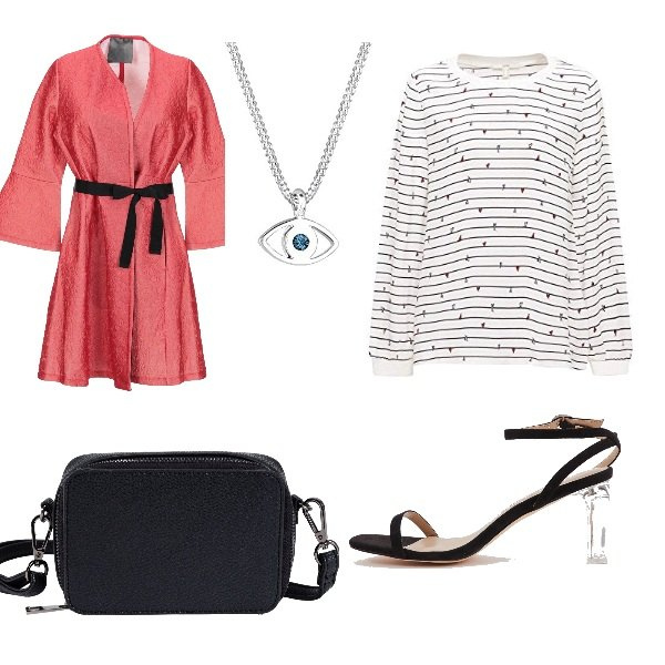 Outfit donna - Aperitivo a Napoli. Stile Trendy per Serata fuori. Abbinamento con borse a tracolla, cappotti, sandali col tacco, camicie, collane.