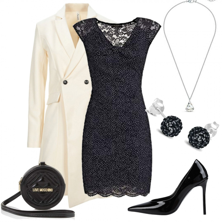 Outfit donna - Una serata elegante. Stile Chic per Serata fuori. Abbinamento con cappotti, décolleté, vestiti, pochette, orecchini, ciondoli.
