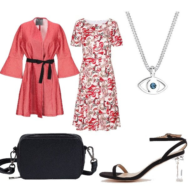 Outfit donna - Stasera cinema. Stile Trendy per Serata fuori. Abbinamento con borse a tracolla, vestiti midi/longuette, cappotti, sandali col tacco, collane.