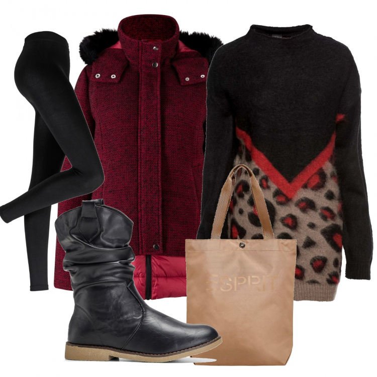 Outfit donna - Scappo a fare la spesa. Stile Basic per Tutti i giorni. Abbinamento con leggings, bluse, blazer, stivaletti, borse a spalla.