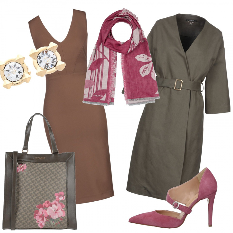 Outfit mujer - De compras en septiembre. Estilo Urban para Todos los días. Combinación con vestidos midi/longuettes, salones, trench, bolsos de mano, pendientes, chales.