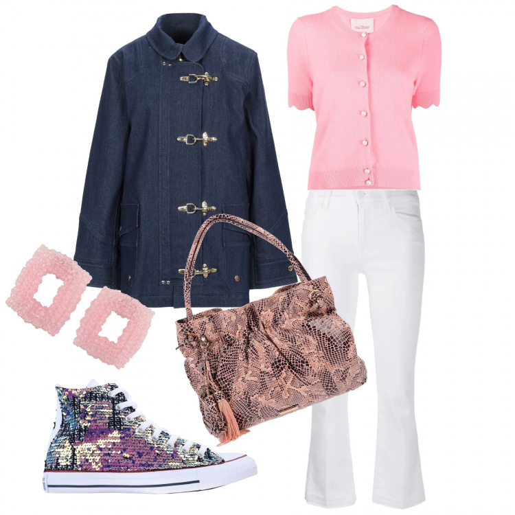 Outfit mujer - Trendy #63650. Estilo Trendy para Todos los días. Combinación con blazers, sneakers, bolsos de mano, cárdigans, vaqueros bootcut, pendientes.