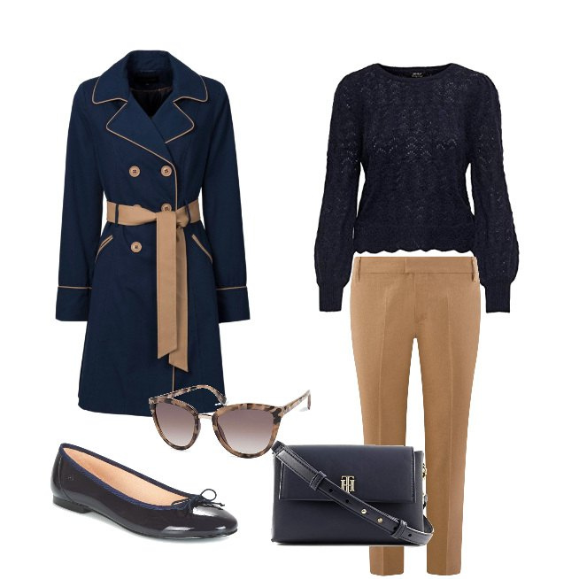 Outfit donna - Trench bicolor. Stile Basic per Ufficio. Abbinamento con trench, ballerine, pullovers, pantaloni capri, borse a tracolla, occhiali da sole.