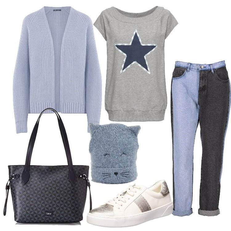 Outfit donna - Jeans bicolore e cardigan. Stile Basic per Tutti i giorni. Abbinamento con t-shirt, cappelli con visiera, jeans mom, cardigans, sneakers, borse a spalla.