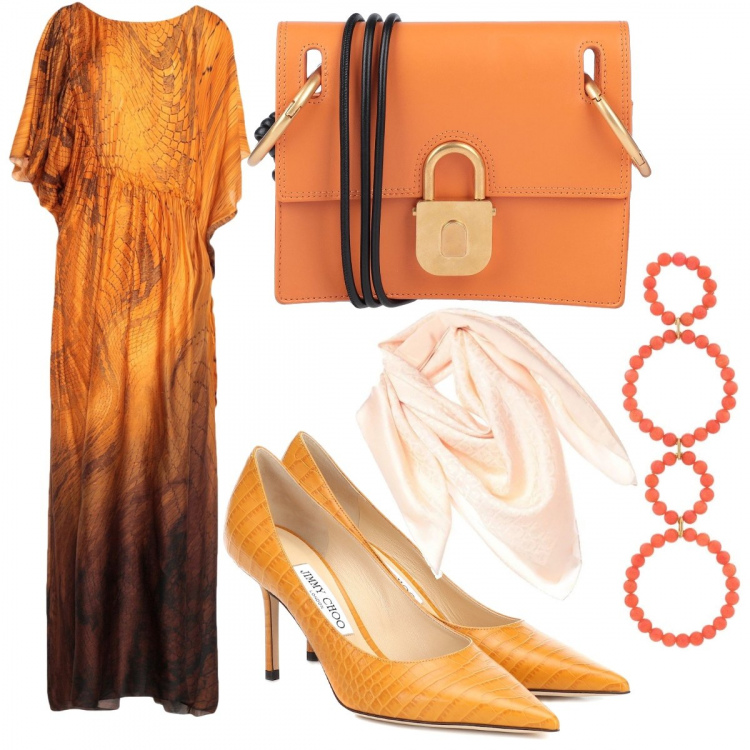 Outfit donna - Chic #34338. Stile Chic per Serata fuori. Abbinamento con vestiti lunghi, borse a mano, foulard, orecchini, décolleté.