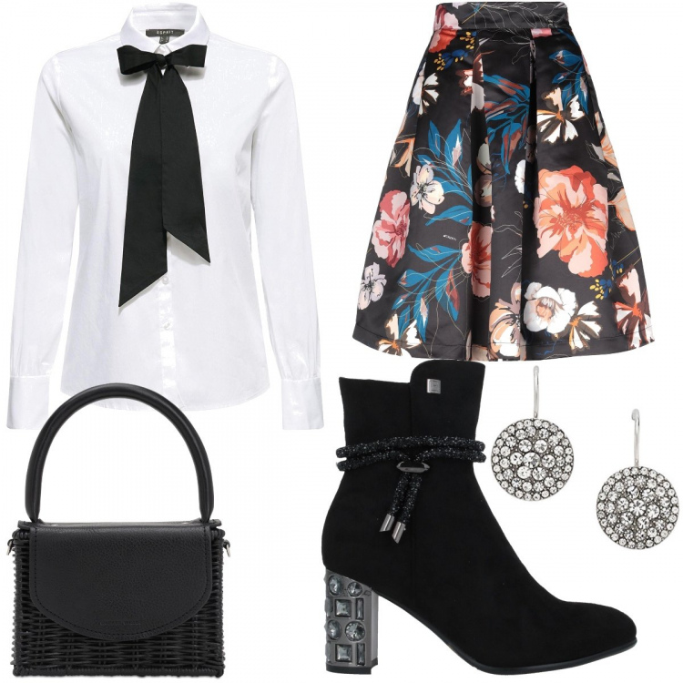 Outfit donna - Bon Ton #26711. Stile Bon Ton per Ufficio. Abbinamento con gonne longuette, stivaletti, camicie, borse a mano, orecchini.