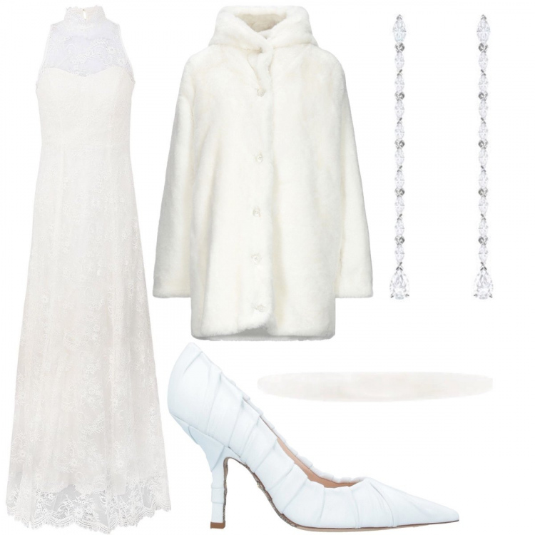Outfit donna - Sposa invernale. Stile Chic per Cerimonia. Abbinamento con vestiti lunghi, cappotti, décolleté, accessori per capelli, orecchini.