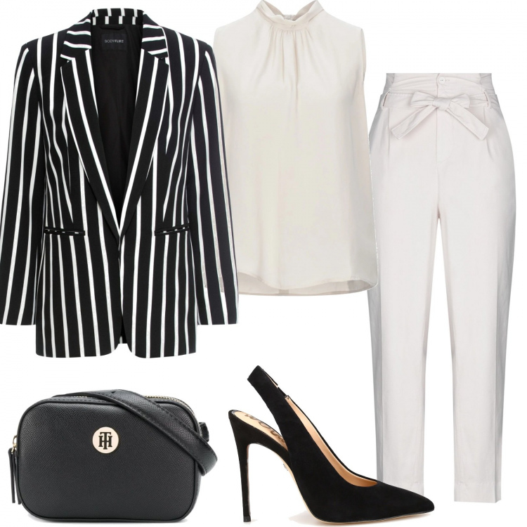 Outfit donna - Giacca a righe. Stile Trendy per Serata fuori. Abbinamento con blazer, top, pantaloni, marsupi, décolleté.