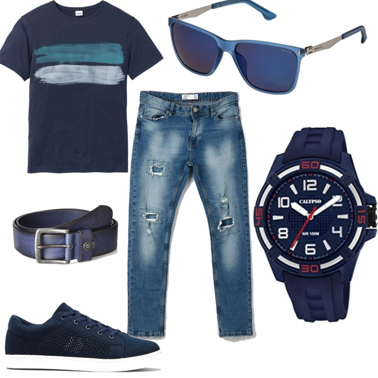 Outfit uomo - Blu low cost. Stile Casual per Tutti i giorni. Abbinamento con t-shirt, sneakers, jeans, cinture, orologi analogici, occhiali da sole.