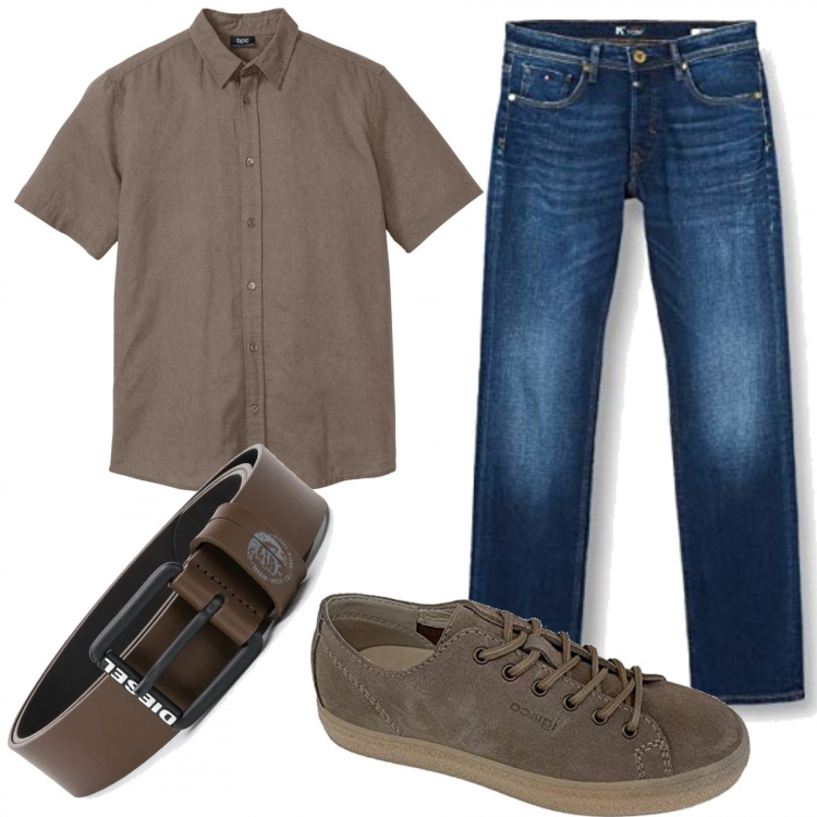 Outfit uomo - Casual #19531. Stile Casual per Tutti i giorni. Abbinamento con camicie a manica corta, cinture, jeans dritti, sneakers.