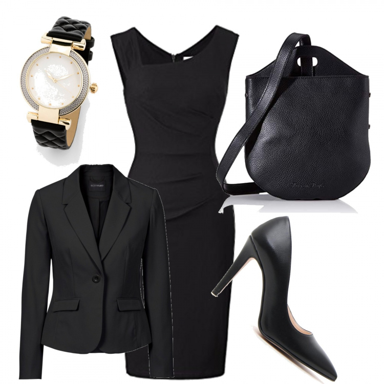 Outfit donna - Intramontabile tubino nero. Stile Trendy per Tutti i giorni. Abbinamento con blazer, orologi, vestiti a tubino, décolleté, borse a tracolla.