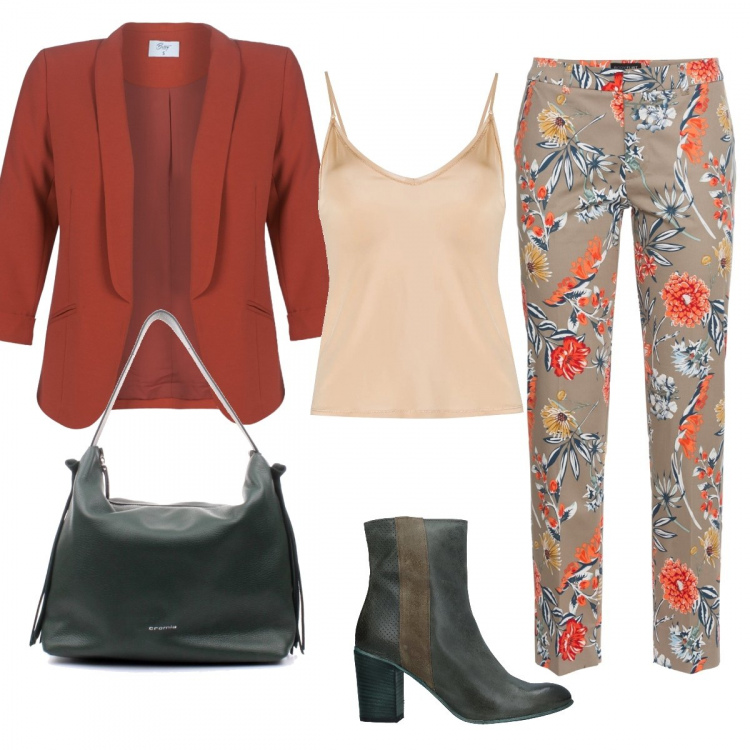 Outfit donna - In stile floreale. Stile Urban per Tutti i giorni. Abbinamento con pantaloni, stivaletti, blazer, borse a spalla, canottiere.