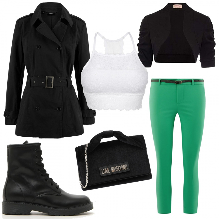 Outfit donna - Un po green. Stile Urban per Tutti i giorni. Abbinamento con reggiseni, trench, borse a mano, anfibi, pantaloni capri, bolero.