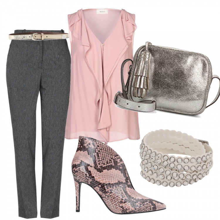 Outfit donna - Grey & Pink. Stile Chic per Serata fuori. Abbinamento con décolleté, pantaloni, top, braccialetti, cinture, borse a spalla.