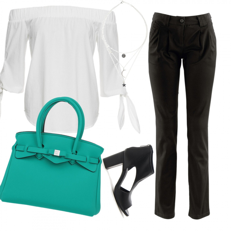Outfit donna - Chich di lunedì. Stile Urban per Ufficio. Abbinamento con pantaloni chino, bluse, collane, borse a mano, stivaletti.