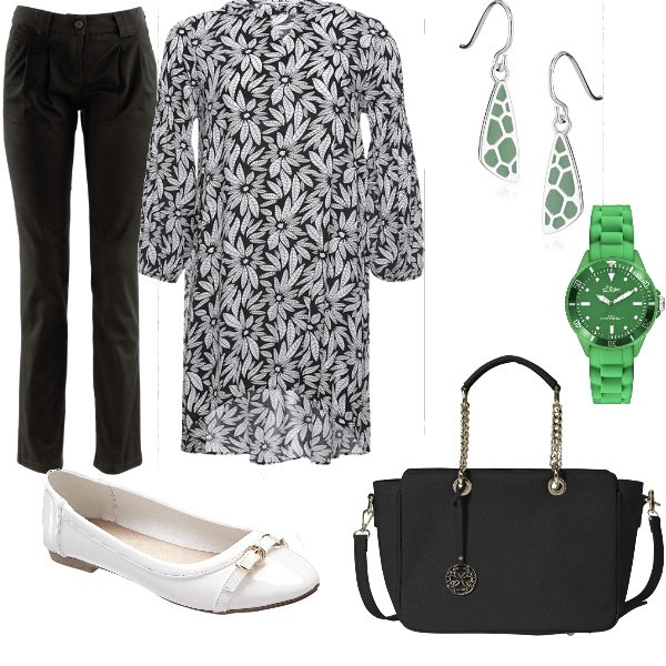 Outfit donna - Quel tocco di verde. Stile Basic per Tutti i giorni. Abbinamento con pantaloni chino, orecchini a pendolo argento.