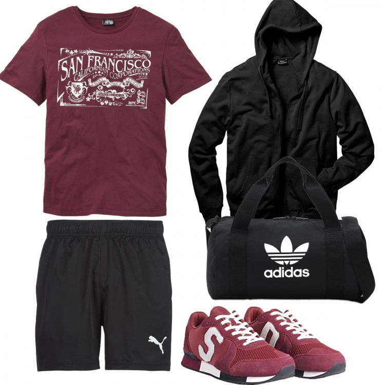 Outfit uomo - In palestra. Stile Casual per Sport. Abbinamento con felpe con cappuccio, t-shirt, pantaloni corti, borse sportive, sneakers.
