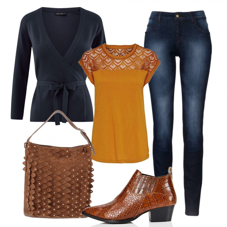 Outfit donna - Colori caldi. Stile Trendy per Tutti i giorni. Abbinamento con jeans skinny, borse a mano, cardigans, t-shirt, stivaletti texani.