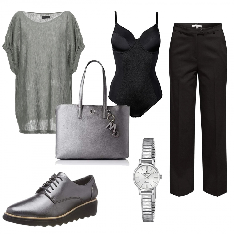 Outfit donna - Un pomeriggio di shopping. Stile Basic per Tutti i giorni. Abbinamento con body, pullovers, pantaloni, scarpe stringate, orologi analogici, borse a tracolla.