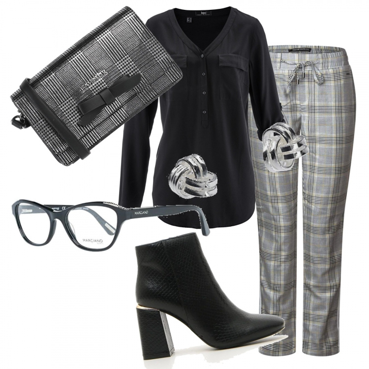 Outfit donna - Oversize in stile inglese. Stile Trendy per Ufficio. Abbinamento con bluse, borse a tracolla, pantaloni, stivaletti, occhiali, orecchini.