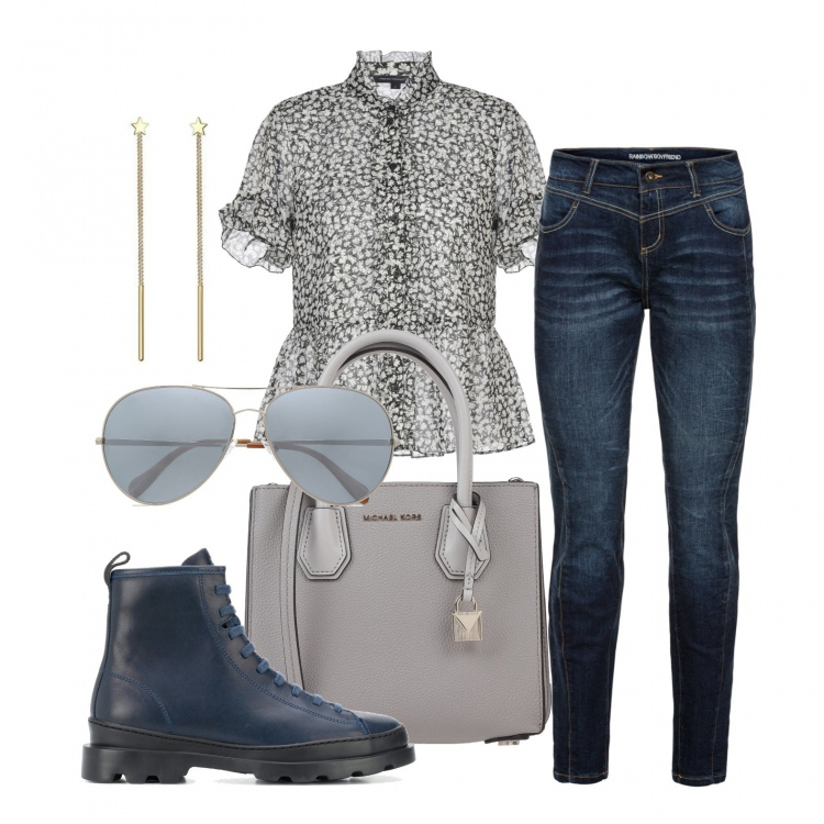 Outfit donna - Gli anfibi blu. Stile Trendy per Tutti i giorni. Abbinamento con jeans boyfriend, camicie a manica corta, borse a mano, occhiali da sole, stivali, orecchini.