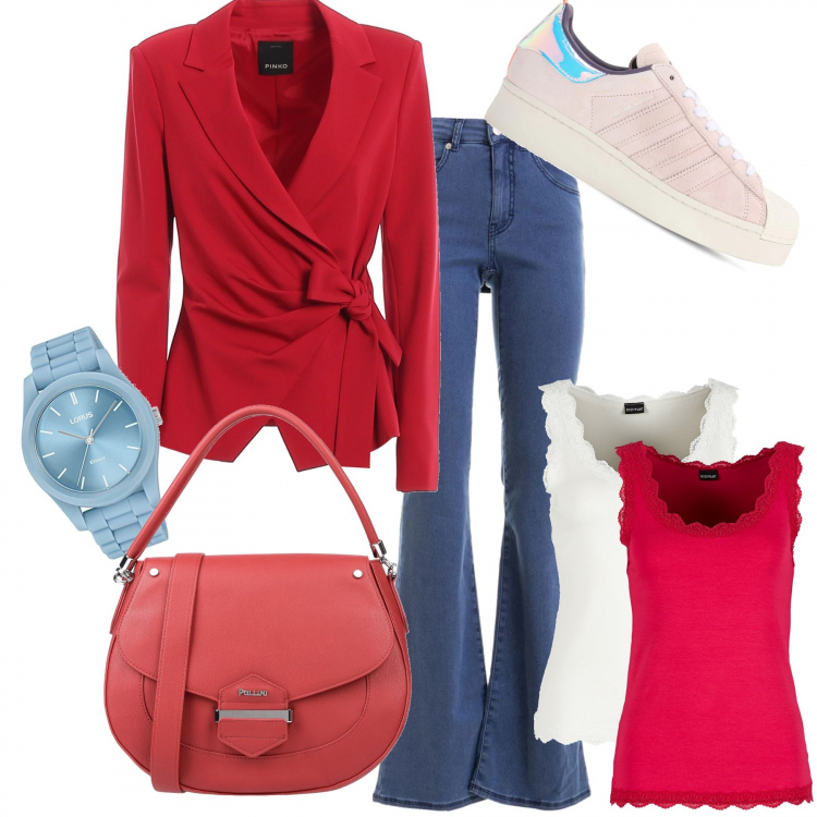 Outfit donna - A piedi a esplorare il mondo.. Stile Urban per Tutti i giorni. Abbinamento con top, borse a mano, blazer, sneakers, orologi, jeans a zampa.
