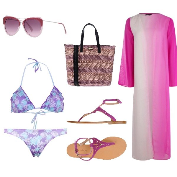 Outfit donna - Trendy #5290. Stile Trendy per Mare. Abbinamento con borsa a mano tweed con zip interno foderato con tracolla removibile, slip fantasia floreale jersey, infradito effetto scamosciato senza tacco con cinturino e punta tonda tinta unita.