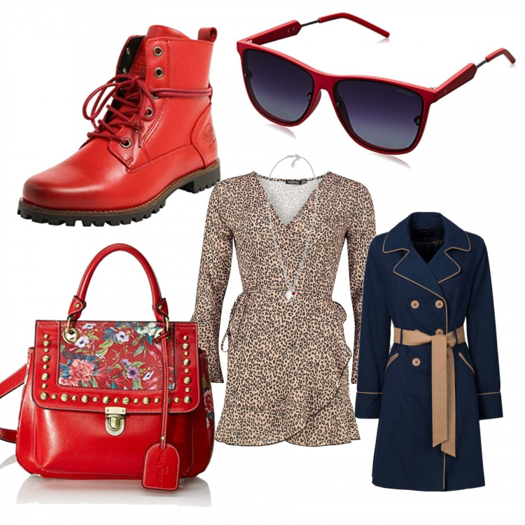 Outfit donna - In rosso.. Stile Sexy per Tutti i giorni. Abbinamento con trench, vestiti lunghi, stivaletti, borse a mano, collane, occhiali da sole.