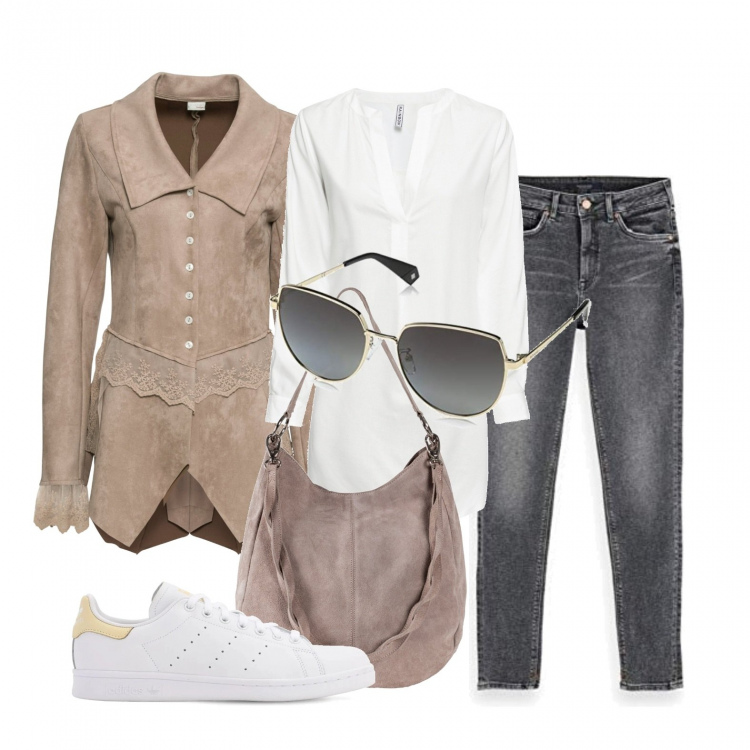 Outfit donna - La giacca scamosciata. Stile Trendy per Tutti i giorni. Abbinamento con borse a mano, blazer, bluse, jeans, occhiali da sole, sneakers.