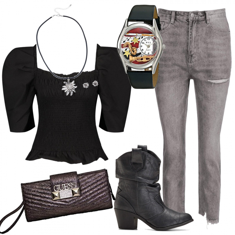 Outfit donna - Concerto sbuffante. Stile Rock per Serata fuori. Abbinamento con stivaletti texani, ciondoli, camicie, jeans skinny, borse a mano, orologi.