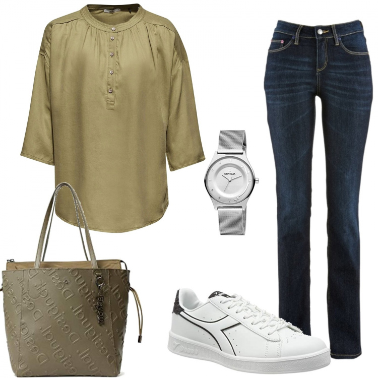 Outfit donna - Outfit per sbrigare commissioni. Stile Basic per Tutti i giorni. Abbinamento con jeans dritti, sneakers, bluse, shopping bag, orologi analogici.