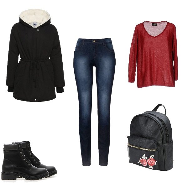 Outfit donna - Every day. Stile Urban per Scuola/Università. Abbinamento con jeans skinny, borsa, stivaletti.