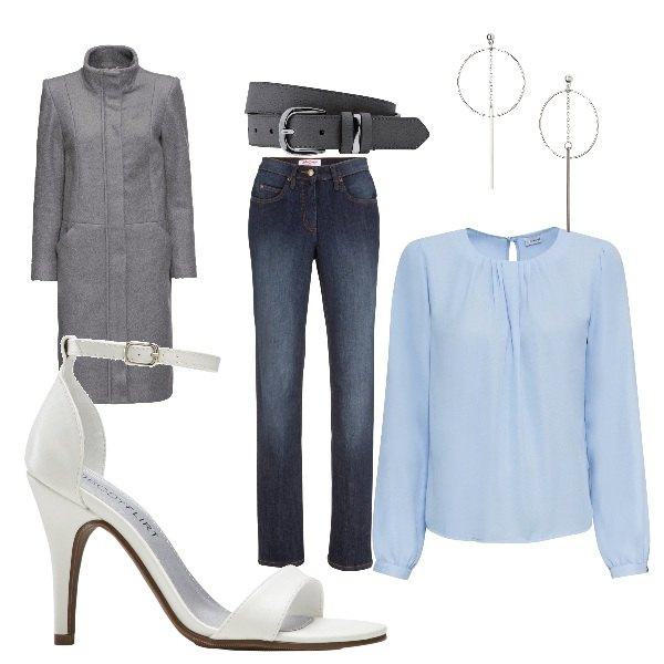 Outfit donna - Casual. Stile Basic per Tutti i giorni. Abbinamento con jeans dritti, cinture, bluse, cappotti, orecchini, sandali in pelle.