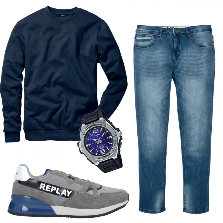 Outfit uomo - Casual #19679. Stile Casual per Tutti i giorni. Abbinamento con felpe, jeans slim fit, sneakers, orologi.