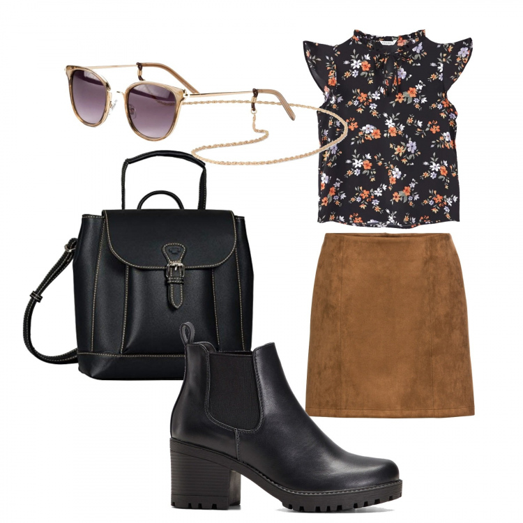 Outfit donna - Fine dell\'estate. Stile Trendy per Tutti i giorni. Abbinamento con stivaletti chelsea, minigonne, occhiali da sole, bluse, zaini.