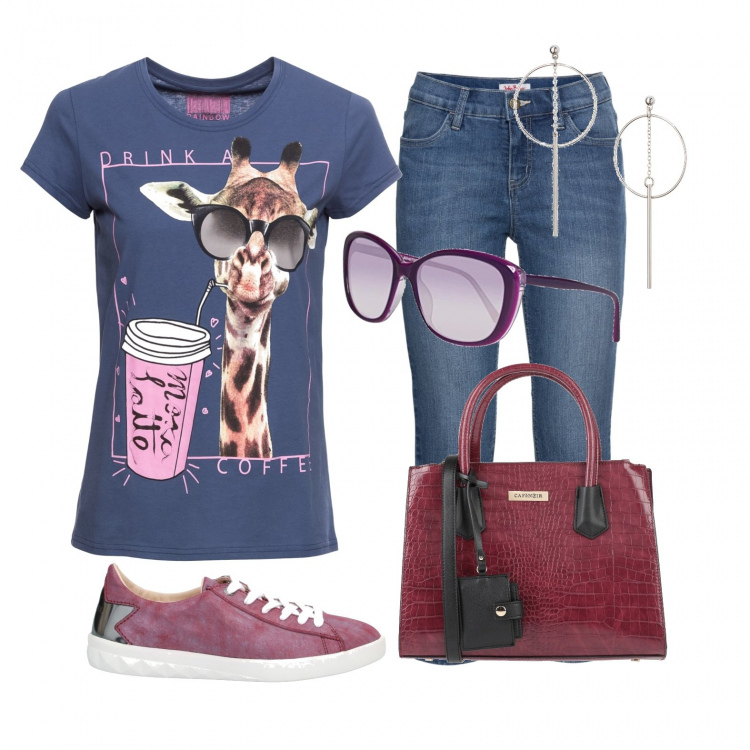 Outfit donna - Drink Coffee. Stile Trendy per Tutti i giorni. Abbinamento con t-shirt, jeans dritti, orecchini, borse a mano, sneakers, occhiali da sole.