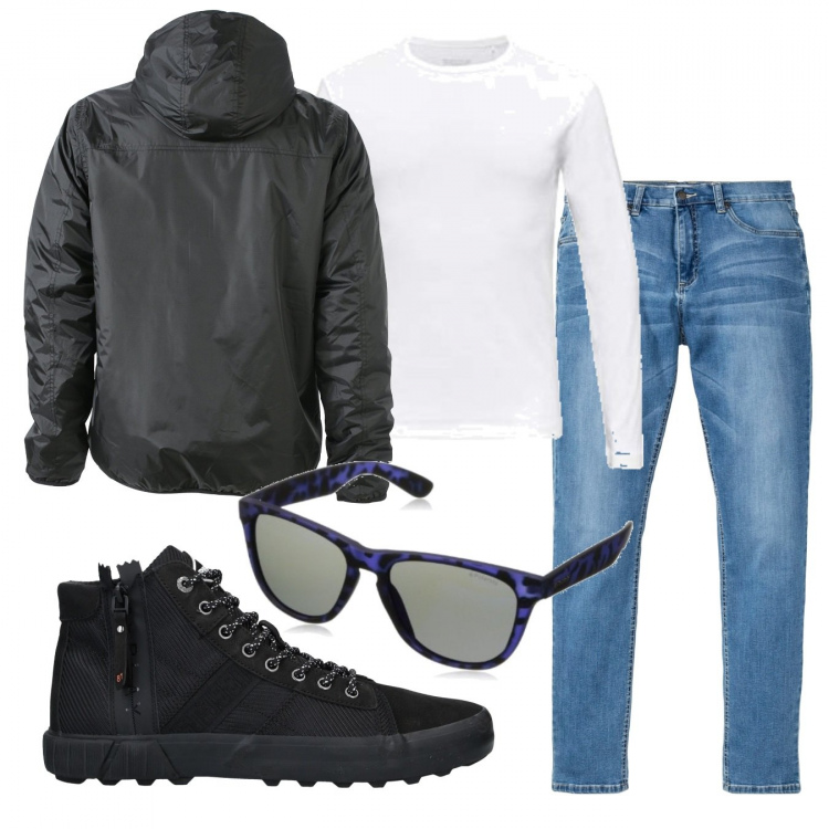 Outfit uomo - Casual #19724. Stile Casual per Tutti i giorni. Abbinamento con jeans, sneakers alte, giacche, pullovers, occhiali da sole.