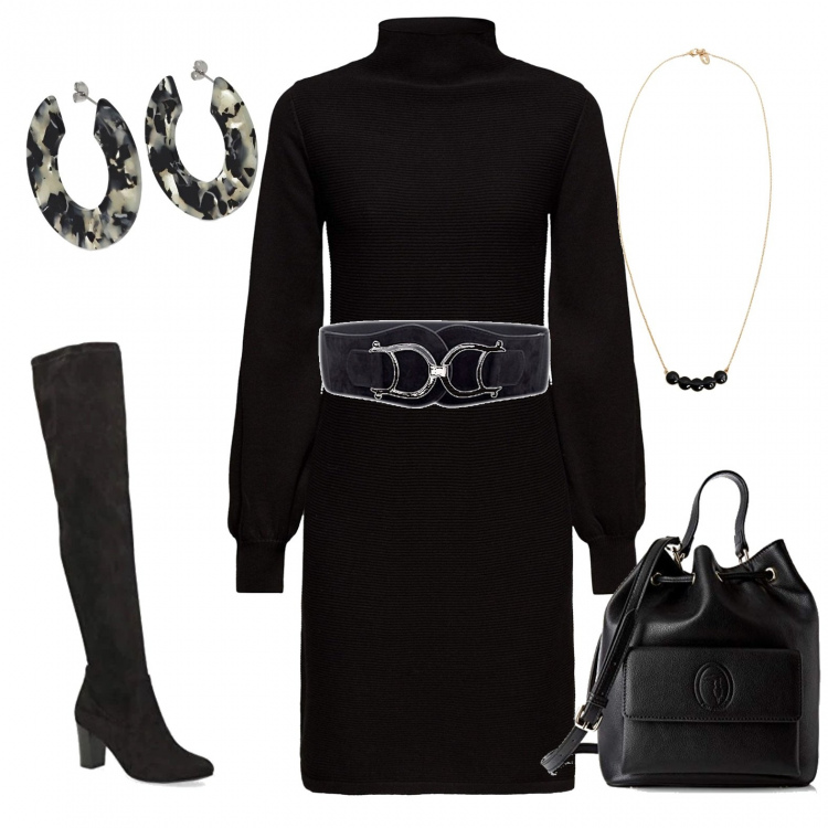 Outfit donna - Urban #23454. Stile Urban per Serata fuori. Abbinamento con cinture, collane, vestiti, stivali sopra il ginocchio, borse a tracolla, orecchini.