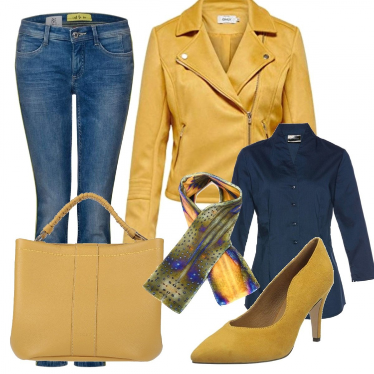 Outfit donna - Trendy #64662. Stile Trendy per Tutti i giorni. Abbinamento con borse a mano, camicie, blazer, scarpe col tacco, jeans, sciarpe.