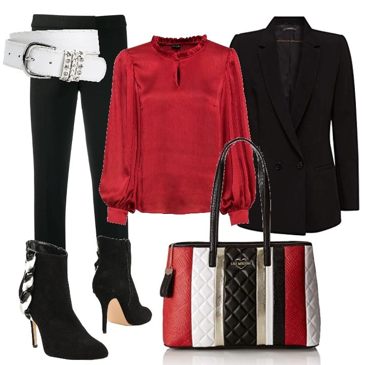 Outfit donna - Richiami Milanesi OLDRISA. Stile Sexy per Serata fuori. Abbinamento con cinture, bluse, stivaletti, pantaloni a palazzo, borse tote, blazer.