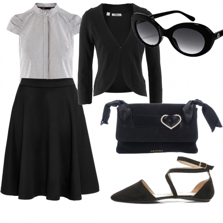 Outfit donna - Bon Ton #27287. Stile Bon Ton per Tutti i giorni. Abbinamento con gonne, blazer, borse a mano, ballerine, camicie a manica corta, occhiali da sole.