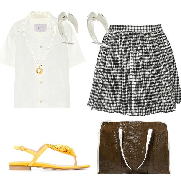 Outfit donna - Mini hipster. Stile Trendy per Tutti i giorni. Abbinamento con borse a mano, ciondoli, sandali col tacco, orecchini, minigonne, camicie.